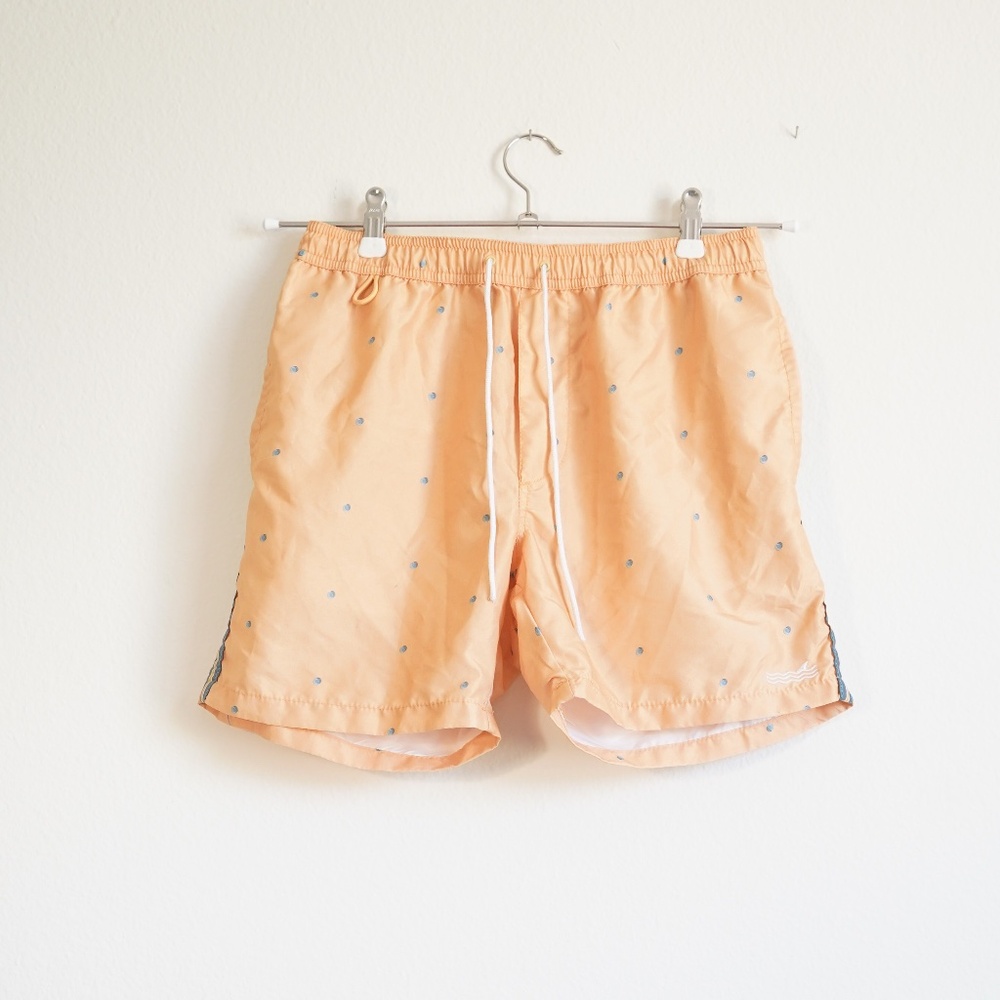 Orange-Yellow Swim Shorts with Blue Polka Dots